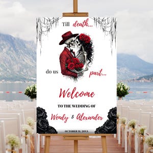 Editable Halloween Wedding Welcome Sign Template, Printable Gothic Wedding Poster, Vintage Skeleton Wedding Welcome, Till Death Do Us Part