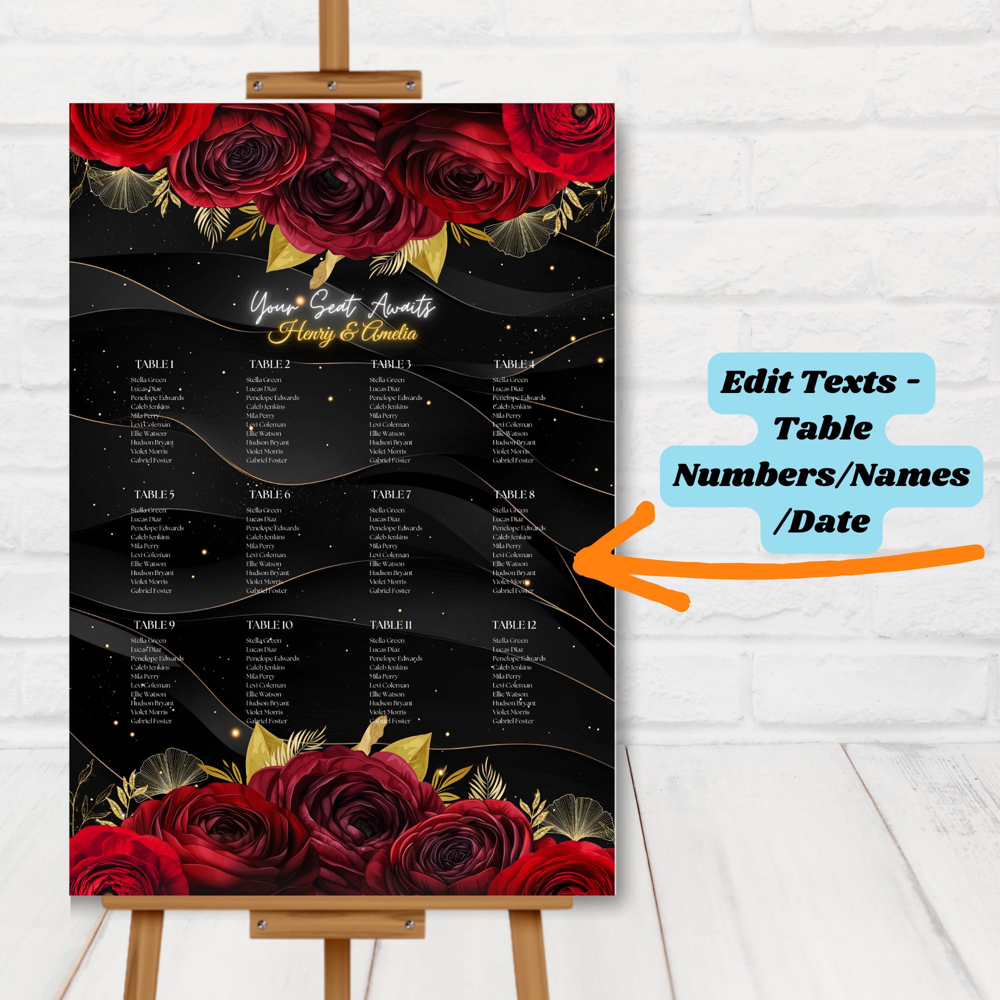 Red Roses Table Seating Editable Black Background With Red Roses Design Seating Chart Template ...