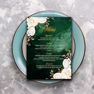 Edytowalny szablon karty menu w kolorze szmaragdowo-zielonym i złotym, drukowana karta menu w kolorze zielono-złotym, edytowalne menu kolacji weselnej, karta menu kolacji kwiatowej