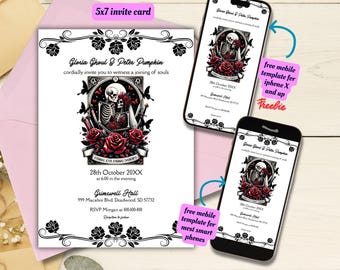 Editable Halloween Wedding Invitation Template, Printable Tarot Card Wedding Invitation, Skeleton Wedding Invite, Gothic Wedding Invite