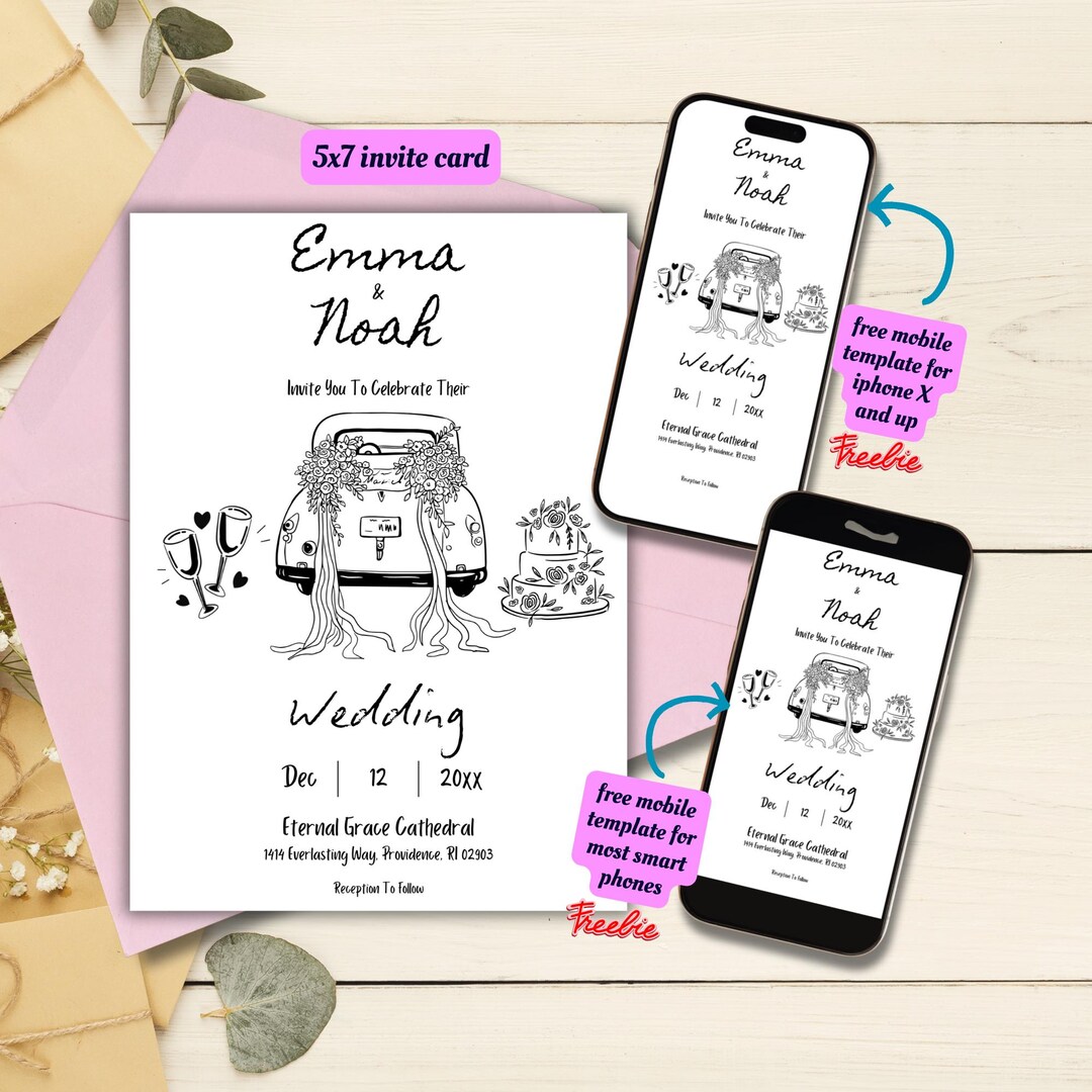 Editable Hand Drawn Wedding Invitation Template, Printable Whimsical ...