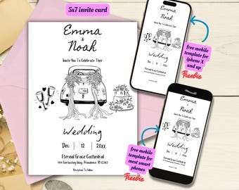 Plantilla de invitación de boda editable dibujada a mano, invitación de boda divertida e imprimible, invitación de boda con ilustración garabateada, invitación con doodle.
