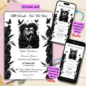 Editable Gothic Wedding Invitation Template, Printable Halloween Wedding Invite, Till Death Do Us Part, Skeleton Wedding, Black and White