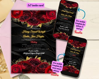 Editable Black with Dark Red Roses and Gold Accents Wedding Invitation Template, Gothic Wedding Dark Themed Invitation, Black Red Wedding