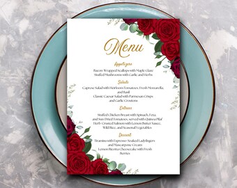 Wedding Menu Template Red Roses Editable, Wedding Menu Cards template Red Roses, Dinner Table Menu Printable White Background Red Roses