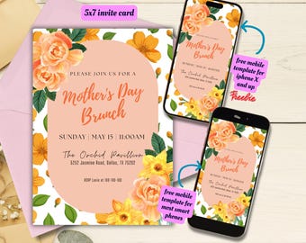 Bearbeitbare Orange Muttertag Brunch-Einladungsvorlage, druckbare Blumen Muttertag Feier einladen, Muttertag Blumeneinladung