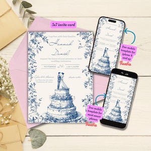 Editable Blue Chinoiserie Wedding Invitation Template, Printable Blue French Toile de Jouy Wedding Invitation, Blue Toile de Jouy Wedding