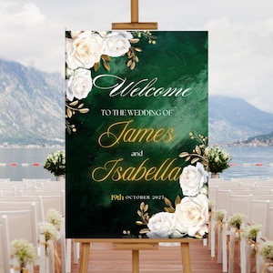 Modello modificabile per cartello di benvenuto per matrimonio floreale verde smeraldo, poster di benvenuto per matrimonio, cartello di benvenuto personalizzato per matrimonio verde smeraldo e oro