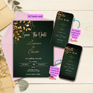 Editable Emerald Green & Gold Wedding Save The Date Template, Green and Gold themed Printable Wedding Save the Date, Emerald Green Wedding