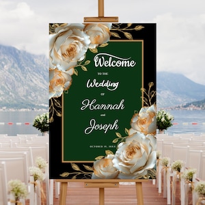 Wedding Welcome Sign Template Emerald Green with White Roses Gold Accents Editable, Dark Green with White Floral Welcome Poster Printable