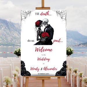 Editable Halloween Wedding Welcome Sign Template, Printable Till Death Do Us Part Wedding Welcome Poster, Dark Gothic Skeleton Wedding Sign