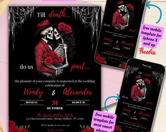 Editable Halloween Wedding Invitation Template, Printable Gothic Wedding Invite, Vintage Skeleton Wedding Invitation, Till Death Do Us Part