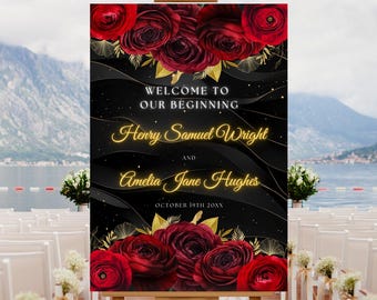 Editable Black and Red Floral Wedding Welcome Sign Template, Printable Red Black Gold Wedding Welcome Poster, Black Wedding Board Sign