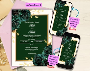 Plantilla editable de invitación de boda verde esmeralda con rosas verdes, invitación de boda elegante verde oscuro imprimible, invitaciones florales verdes y doradas.