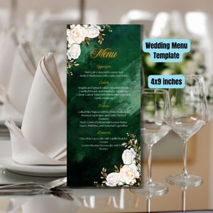 May include: A wedding menu template with a dark green background and white floral accents. The menu features a list of appetizers, salads, entrees, and desserts. The text "Wedding Menu Template" and "4x9 inches" are also visible.