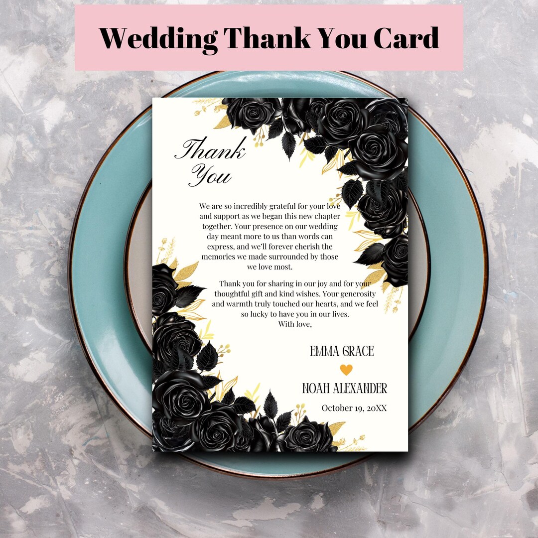 Editable Black Roses With Gold Accents Wedding Thank You Card Template ...