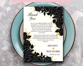 Editable Black Roses with Gold Accents Wedding Thank You Card Template, Printable Moody Wedding Thank You Card, Gothic Black Rose Wedding
