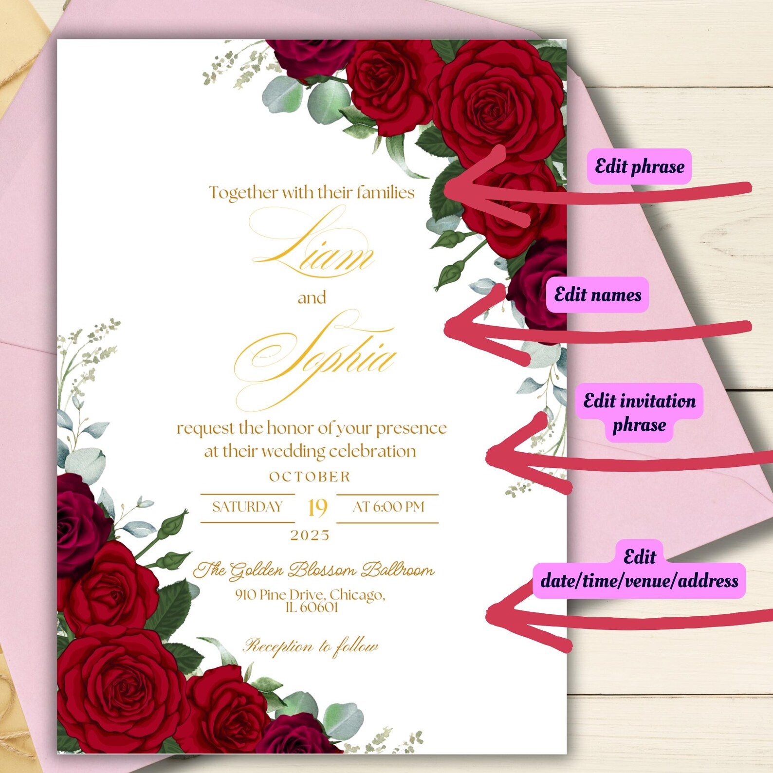Invit Rose Editable White and Red Roses Wedding Invitation Template, Printable Red ...