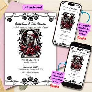 Plantilla editable de invitación de boda de Halloween, invitación de boda imprimible con cartas del tarot, invitación de boda de esqueleto, invitación de boda gótica