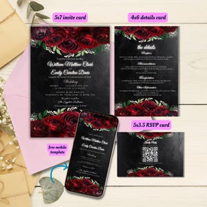 Editable Moody Black & Maroon Floral Wedding Invitation Set Template, Printable Black and Red Wedding Bundle with QR RSVP, Burgundy Roses