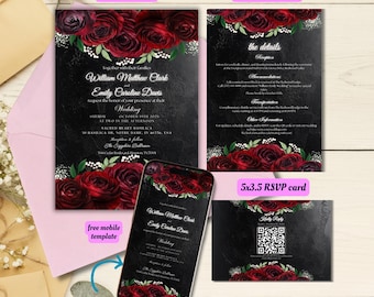 May include: A wedding invitation suite featuring a 5x7 invite card, a 4x6 details card, and a 5x3.5 RSVP card. The design includes a black background with red roses and white accents. A smartphone displays the invitation design.