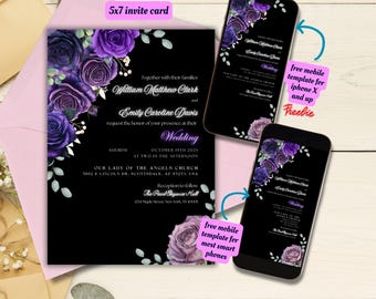 Editable Black & Purple Floral Wedding Invitation Template, Printable Dark and Moddy Wedding Invite, Gothic Purple Roses Wedding Invitation