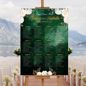 Editable Emerald Green and Gold Wedding Seating Chart Template, Green Wedding Seating Chart Sign, Find Your Seat Wedding Sign, Table Chart