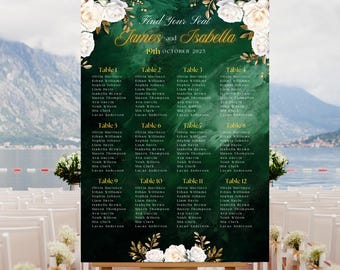 Editable Emerald Green and Gold Wedding Seating Chart Template, Green Wedding Seating Chart Sign, Find Your Seat Wedding Sign, Table Chart