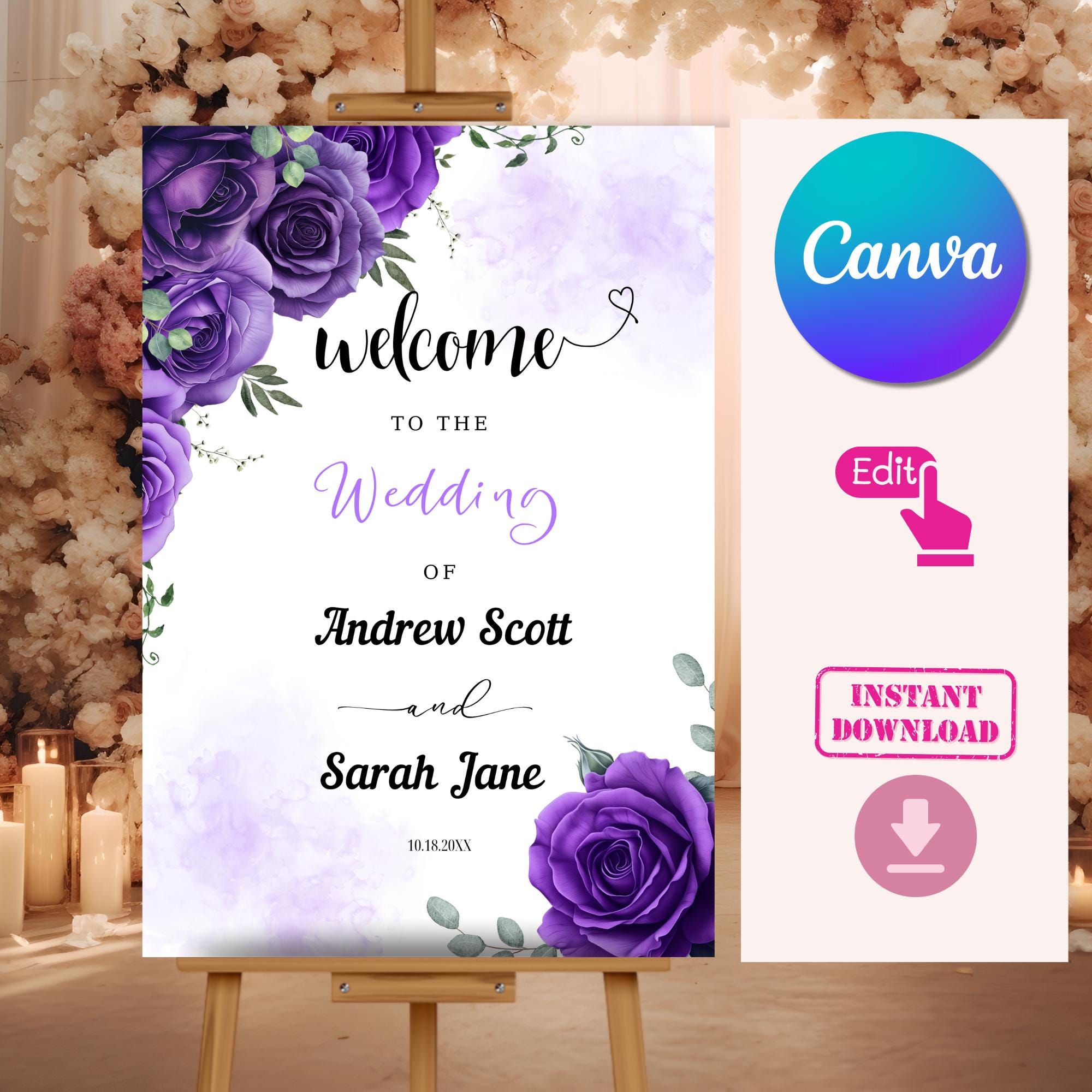 Editable Purple Roses Wedding Welcome Sign Template, Printable Purple ...