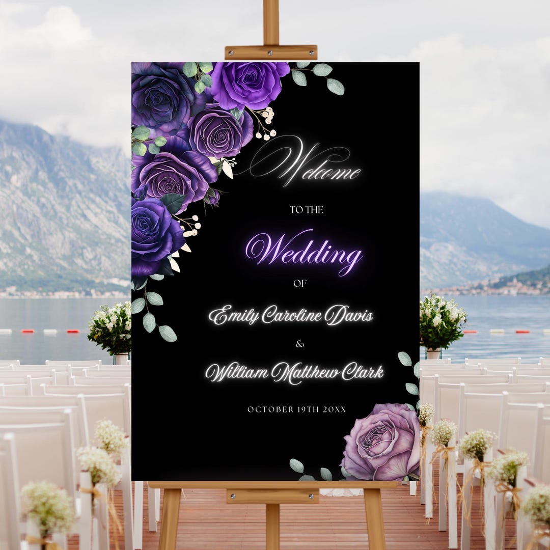 Editable Black With Purple Roses Wedding Welcome Sign Template ...
