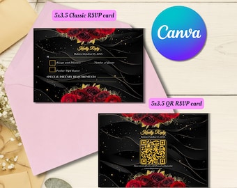 Editable Black Red Gold Wedding Wedding Classic and QR RSVP Template, Printable Black and Red Wedding Response, Response Card Insert