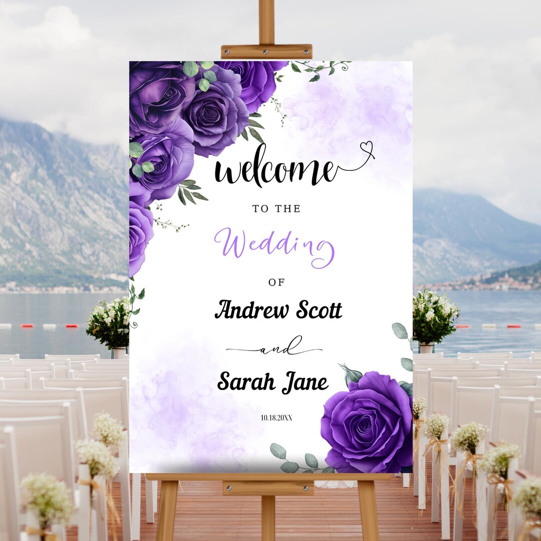 Editable Purple Roses Wedding Welcome Sign Template, Printable Purple ...