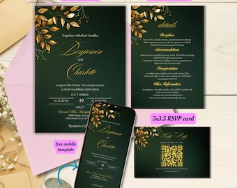 Bearbeitbares elegantes Smaragdgrün mit goldenen Akzenten Hochzeitseinladungs-Set-Vorlage, druckbares grünes und goldenes Hochzeitspaket mit QR Antwortkarte