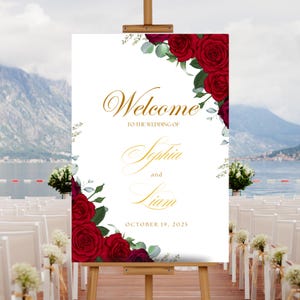 Plantilla editable de letrero de bienvenida para boda con rosas rojas, letrero de boda personalizado imprimible en rojo y blanco, póster de bienvenida para boda con flores rojas