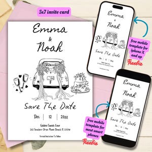 Bearbeitbare illustrierte Save the Date-Vorlage, wunderliche Gekritzel-Illustration Save the Date, wunderliche handgezeichnete Save the Date-Einladung