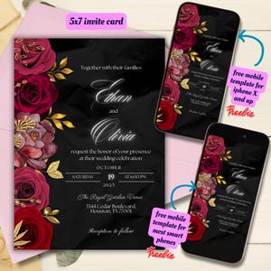 Bearbeitbare Schwarz und Burgunderrote Blumenhochzeitseinladungsvorlage, druckbare dunkel launische Hochzeitseinladung, burgunderrote schwarze Blumenhochzeitseinladung