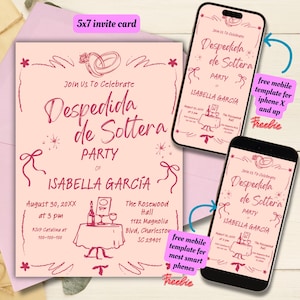 Plantilla editable de invitación a fiesta con lazo de coqueta dibujada a mano, invitación a fiesta de despedida de soltera con lazo de coqueta imprimible