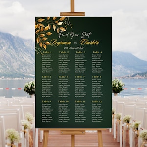 Bearbeitbare Smaragdgrün & Gold Hochzeit Sitzplan Vorlage, Grün und Gold finden Ihren Sitzplatz Hochzeitstischplan, Grün Gold Sitzplan Zeichen