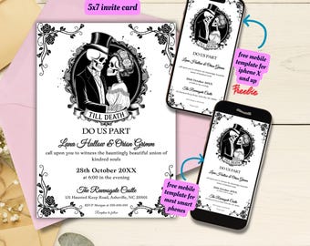 Editable Gothic Wedding Invitation Tarot Design, Printable Halloween Wedding Invitation Template, Skeleton Wedding, Dark Romantic Wedding