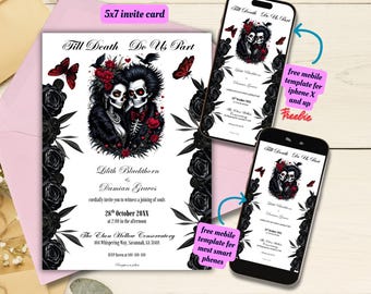 Editable Gothic Wedding Invitation Template, Printable Halloween Wedding Invite, Till Death Do Us Part, Skeleton Wedding, The Lovers Wedding