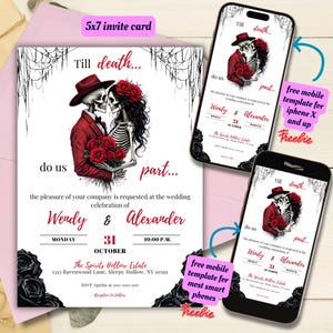 Editable Halloween Wedding Invitation Template, Printable Gothic Wedding Invite, Vintage Skeleton Wedding Invitation, Till Death Do Us Part