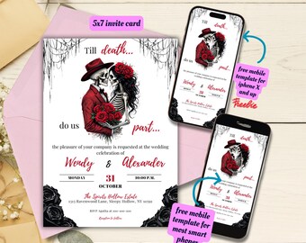 Editable Halloween Wedding Invitation Template, Printable Gothic Wedding Invite, Vintage Skeleton Wedding Invitation, Till Death Do Us Part