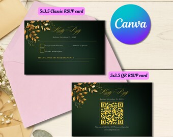 Plantilla editable elegante de boda en verde esmeralda con detalles dorados y código QR RSVP, código QR imprimible para RSVP de boda, impresión para boda en verde