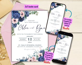 Editable Navy Blue and Blush Pink Floral Wedding Invitation Template, Printable Blue and Pink Wedding Invite, Navy Blue Blush Pink Wedding
