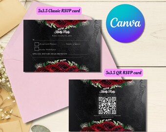 May include: Two 5x3.5 inch RSVP cards with a black background and red rose floral design. One card is a classic RSVP, the other has a QR code. The cards are inside a pink envelope. The text on the cards says "Kindly Reply".