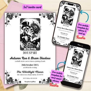 Plantilla editable de diseño de tarot para invitación de boda gótica, invitación de boda de tarot imprimible, invitación de boda de Halloween, invitación de boda de esqueleto