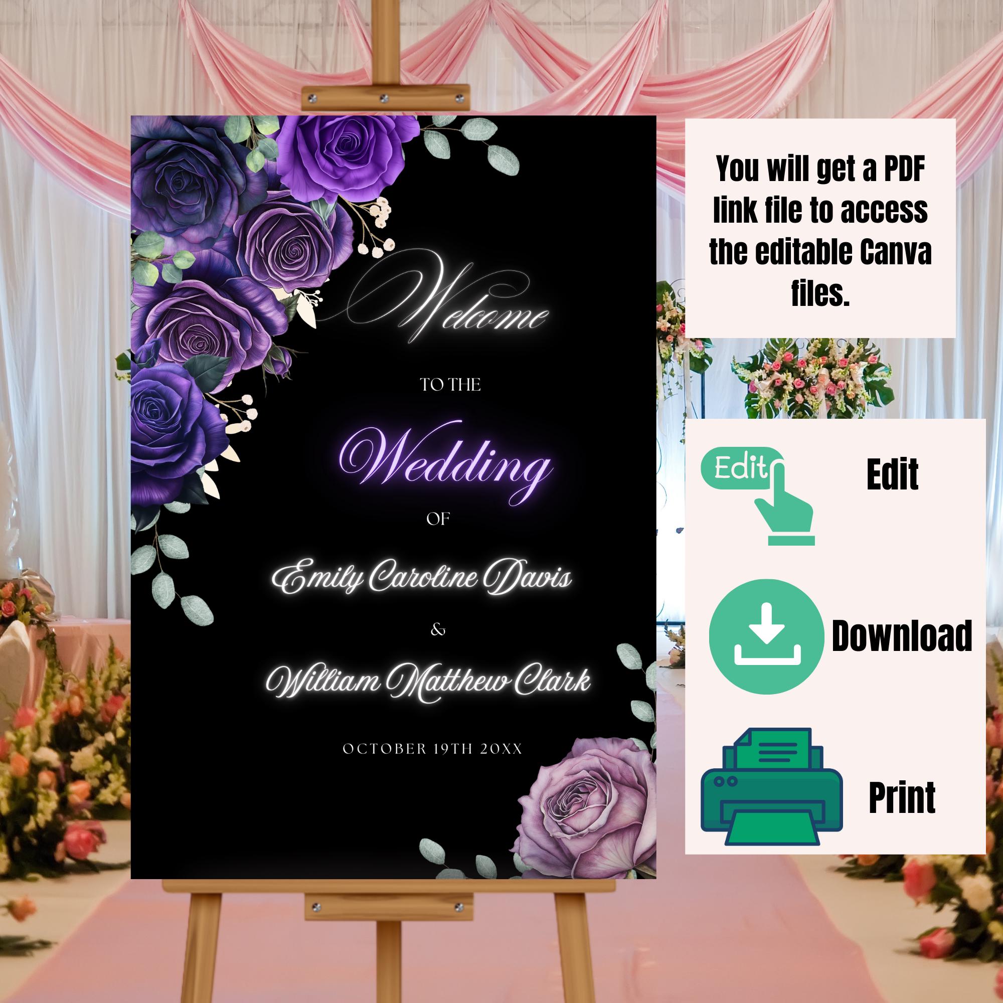 Editable Black With Purple Roses Wedding Welcome Sign Template ...