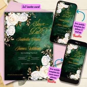 Editable Emerald Green with White Floral Save The Date Invitation Template, Printable Dark Green Gold Save The Date Invite, Save the Date