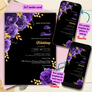 Editable Purple Roses with Gold Accents Wedding Invitation Template, Printable Purple Roses Gold Black Floral Wedding Invite, Purple Wedding