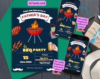 Editable BBQ Father's Day Invitation Template, Father's Day BBQ Invite Printable, Grill And Beer Fathers Day Bbq Invite 5x7 Canva